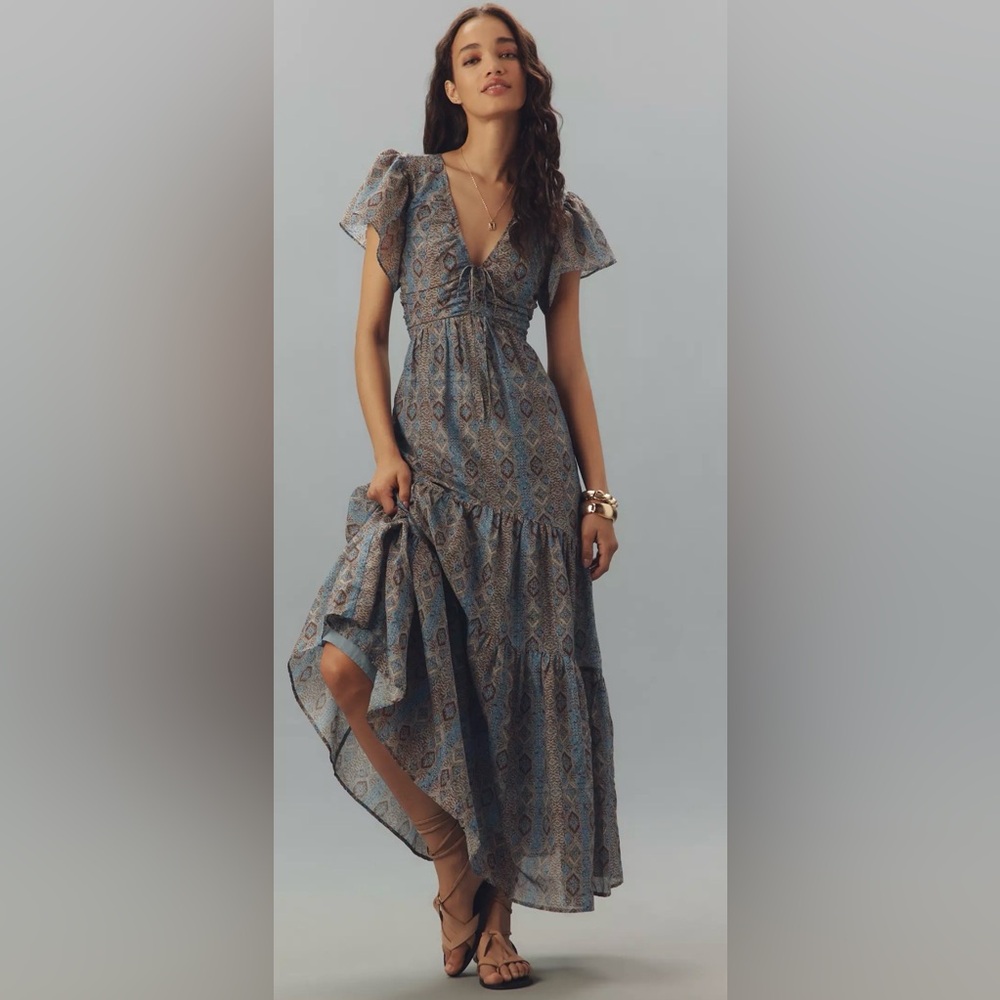 PAIGE Kinga Silk Blue and Gray Patterned Maxi Dress